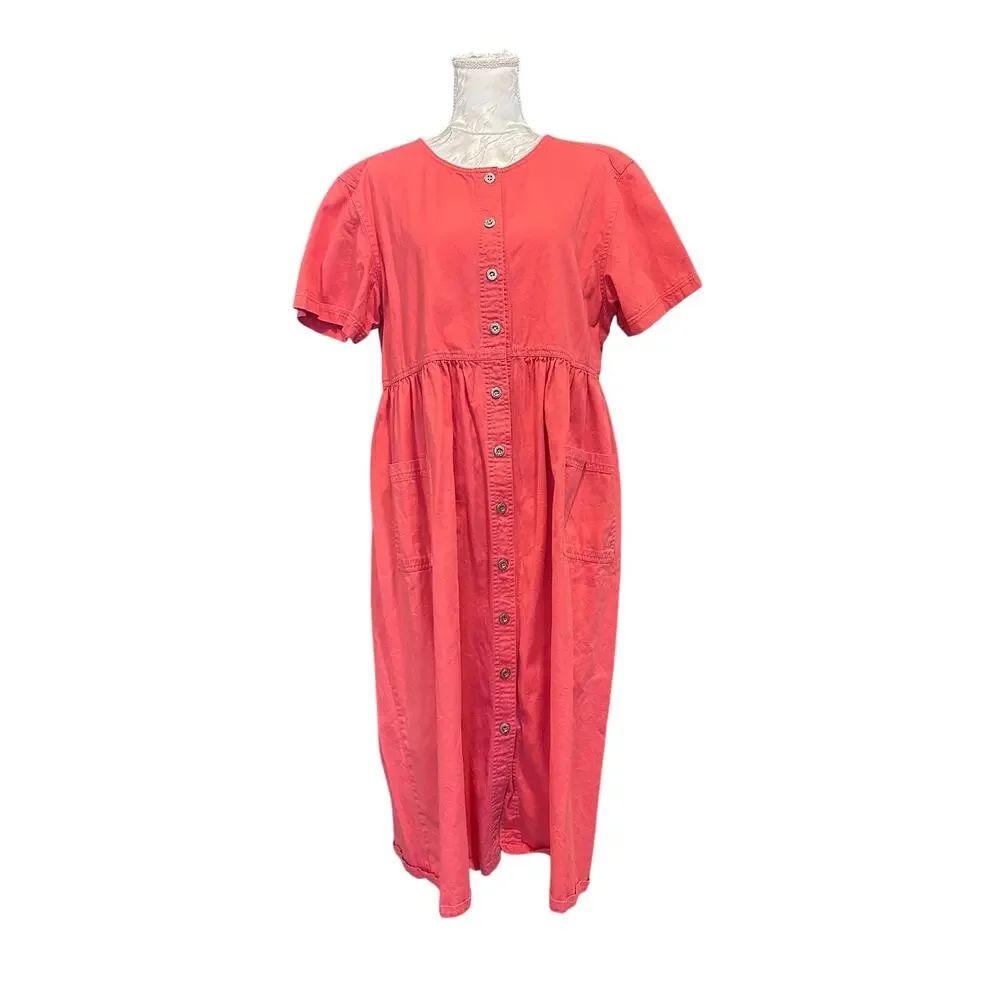 Vintage 90s Coral Cotton Button-Front Empire Waist Midi Dress Cottagecore XL